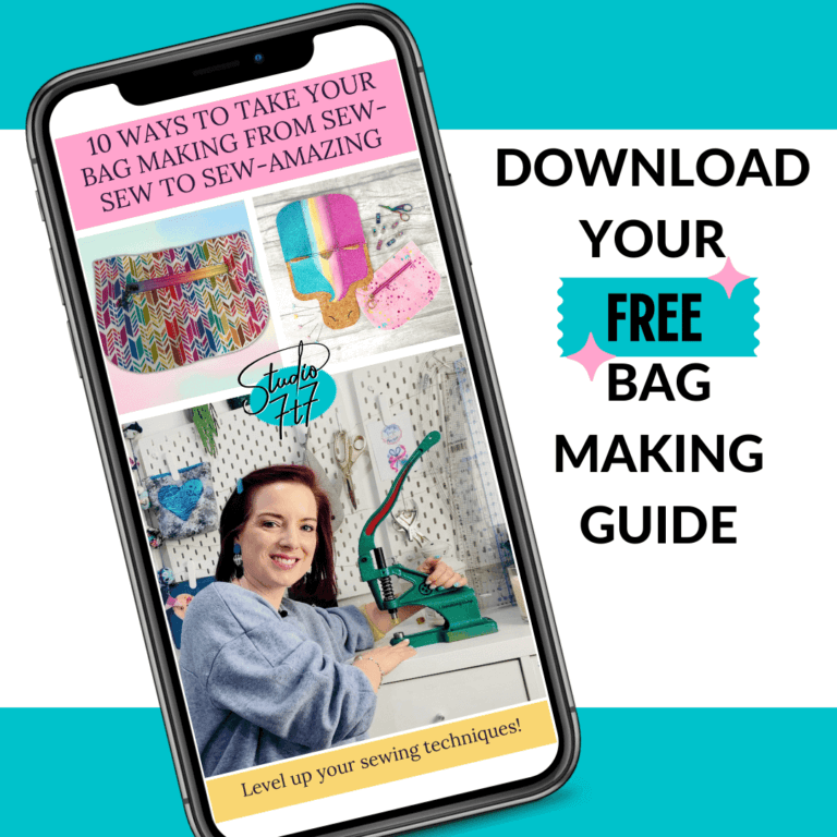 Smartphone displaying a free bag-making guide titled '10 Ways to Take Your Bag Making from Sew-So to Sew-Amazing,' featuring colorful bag designs, sewing tools, and a smiling woman at a sewing workstation.