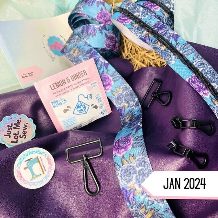 purple and floral bag making box with faux leather, webbing and purple webbing and zipper tape